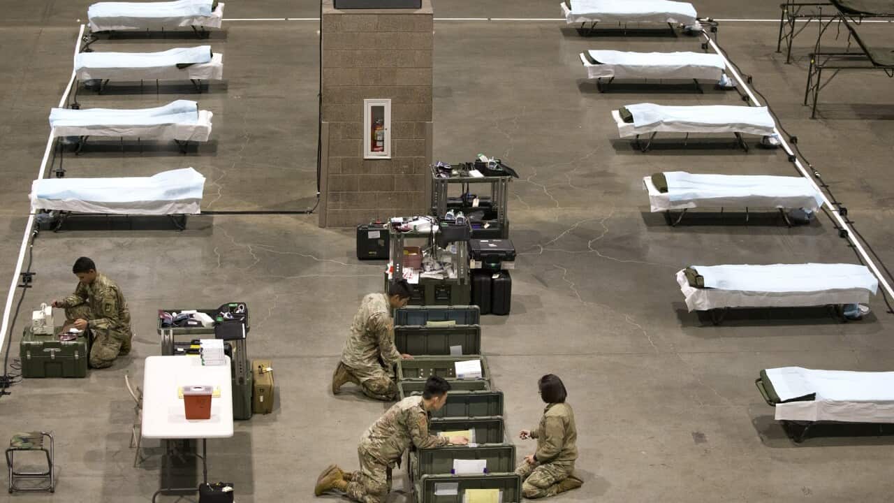 The US military sets up a mobile hospital in a convention centre in Seattle