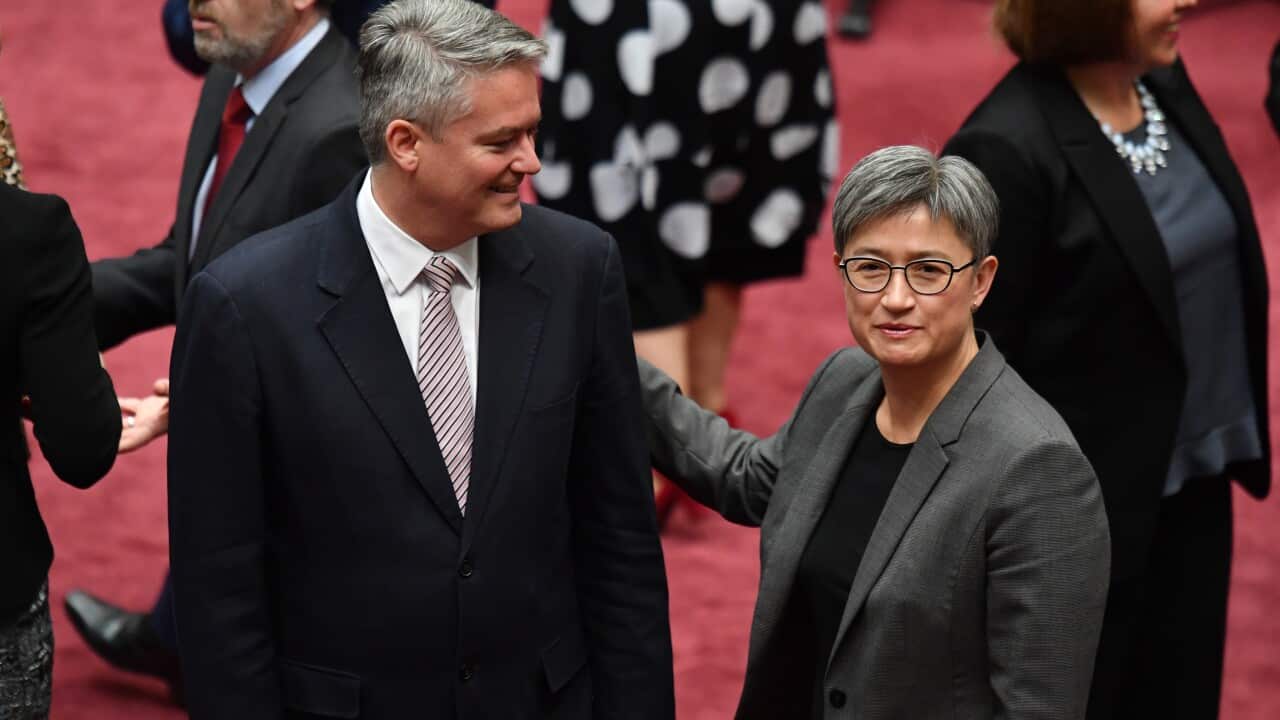 Minister for Finance Mathias Cormann and Shadow Minister for Foreign Affairs Penny Wong pose for a group photograph in the Senate chamber at Parliament House in Canberra, Tuesday, November 27, 2018. (AAP Image/Mick Tsikas) NO ARCHIVING