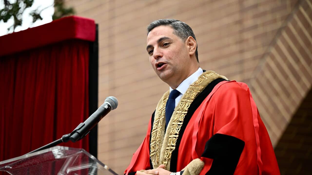 Mayor of Liverpool Ned Mannoun addresses attendees during the opening of Liverpool Council’s new building Civic Place, Sydney