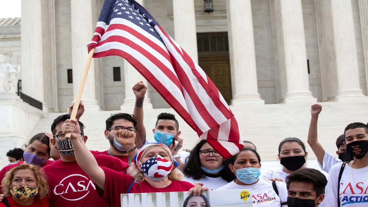 A group of people rally outside the United States Supreme Court in Washington D.C., U.S., on Thursday, June 18, 2020.