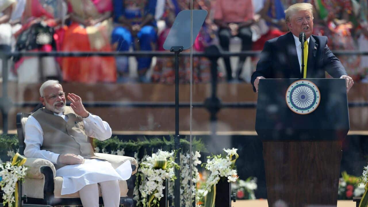 US President Donald J. Trump gives his speech at the Sardar Patel Gujarat Stadium, in Ahmedabad, India, 24 February 2020.