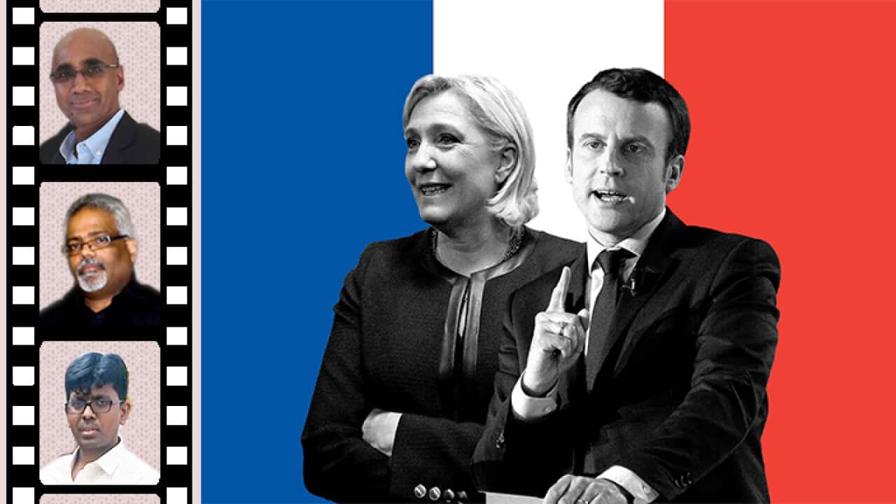 (top down) Pon Siva, opposition Republic party member, political analyst Vasudevan; and Jeeva, ruling Socialist Party member; (r) French Presidential Candidates