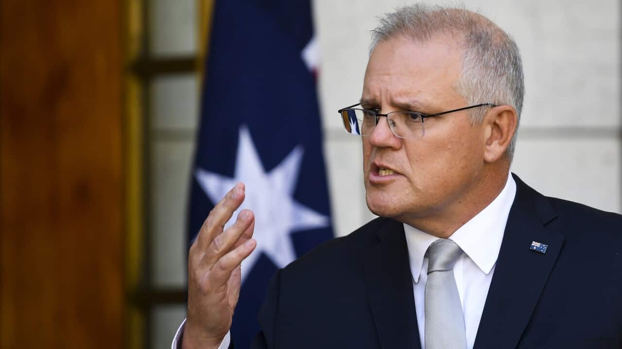 Scott Morrison speaks to the media during the JobSeeker press conference