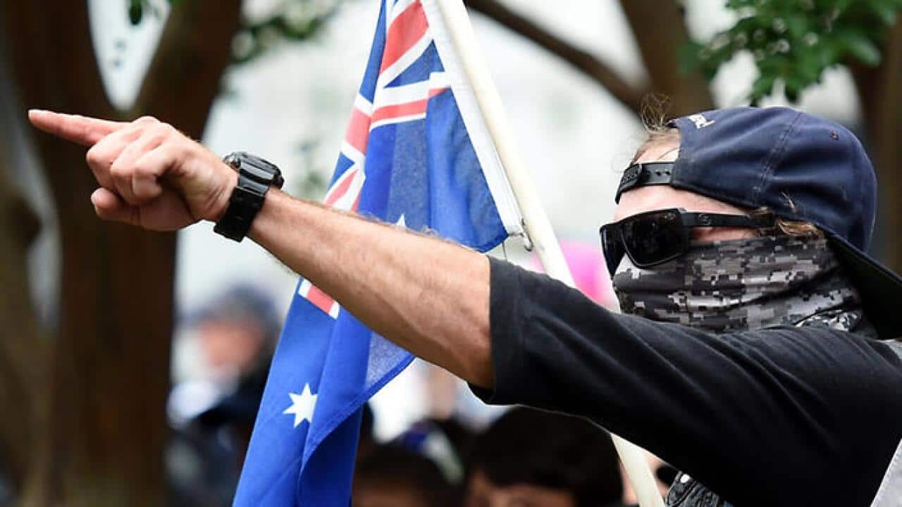 Protesters from the far right anti-Islam group Reclaim Australia rally in Brisbane, Sunday, Nov. 22, 2015. It is part of a national day of anti-Islam protests being held across the country. (AAP Image/Dan Peled)