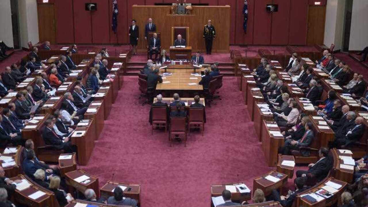 Australian Governor-General Sir Peter Cosgrove speaks during the reopening of Parliament in the Senate chamber at Parliament House in Canberra, Monday, April 18