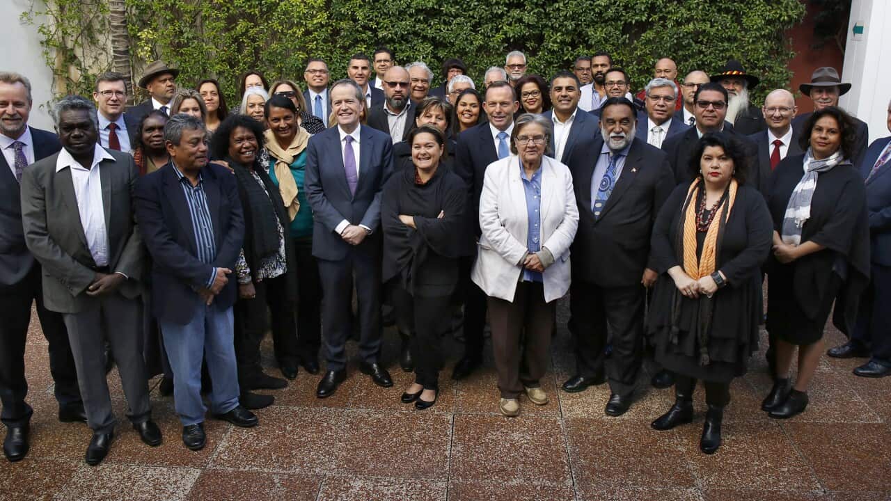 Australian Prime Minister Tony Abbott, Opposition leader Bill Shorten and Indigenous leaders.