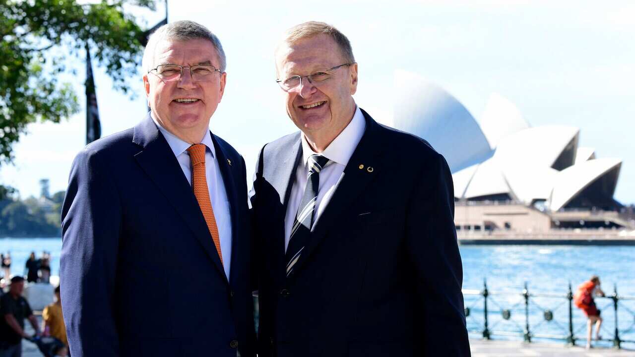 International Olympic Committee President Thomas Bach OLY (left) and Australian Olympic Committee President John Coates on 4 May 2019.   
