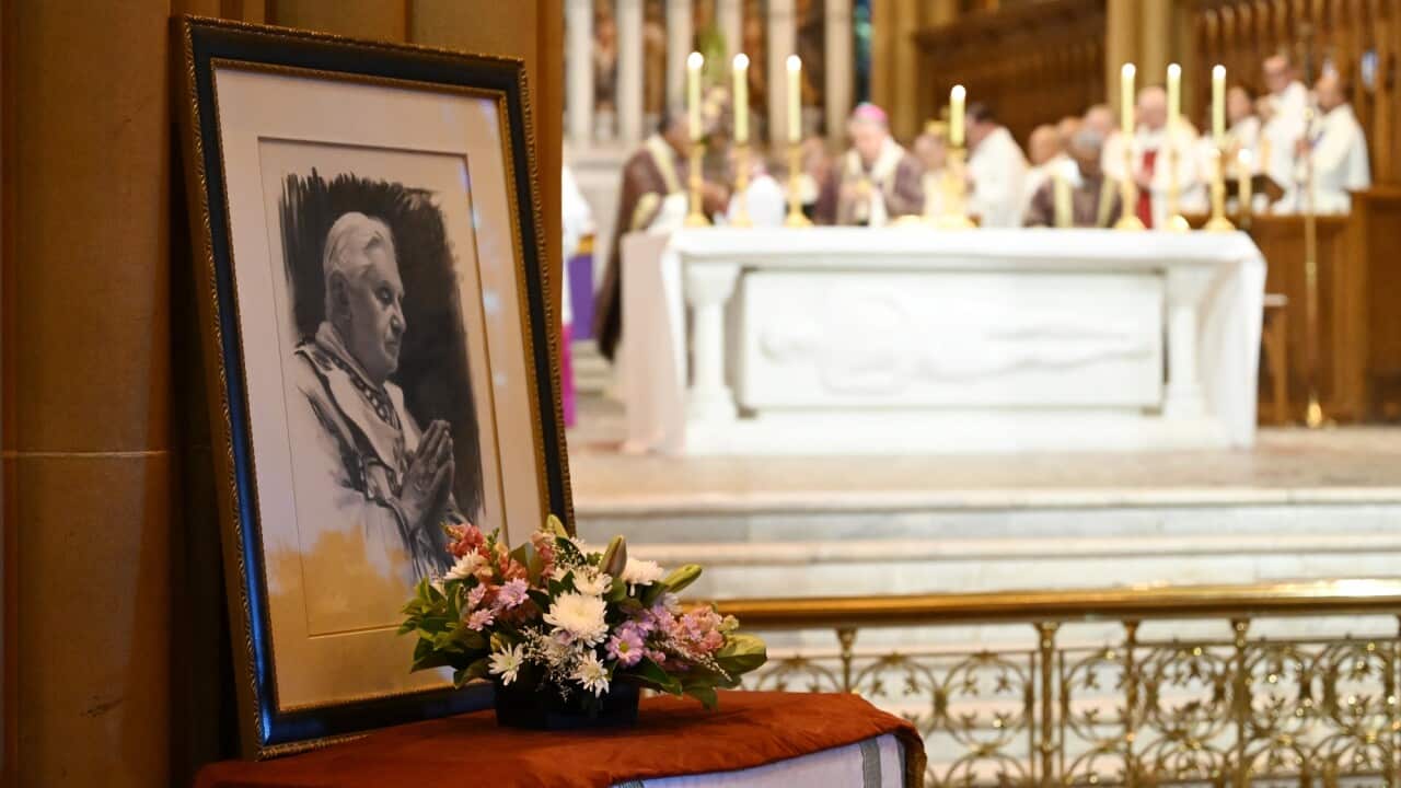 A photo of George Pell is seen during a mass held to pay homage to Cardinal George Pell at St Mary’s Cathedral in Sydney on 12 January 2023.