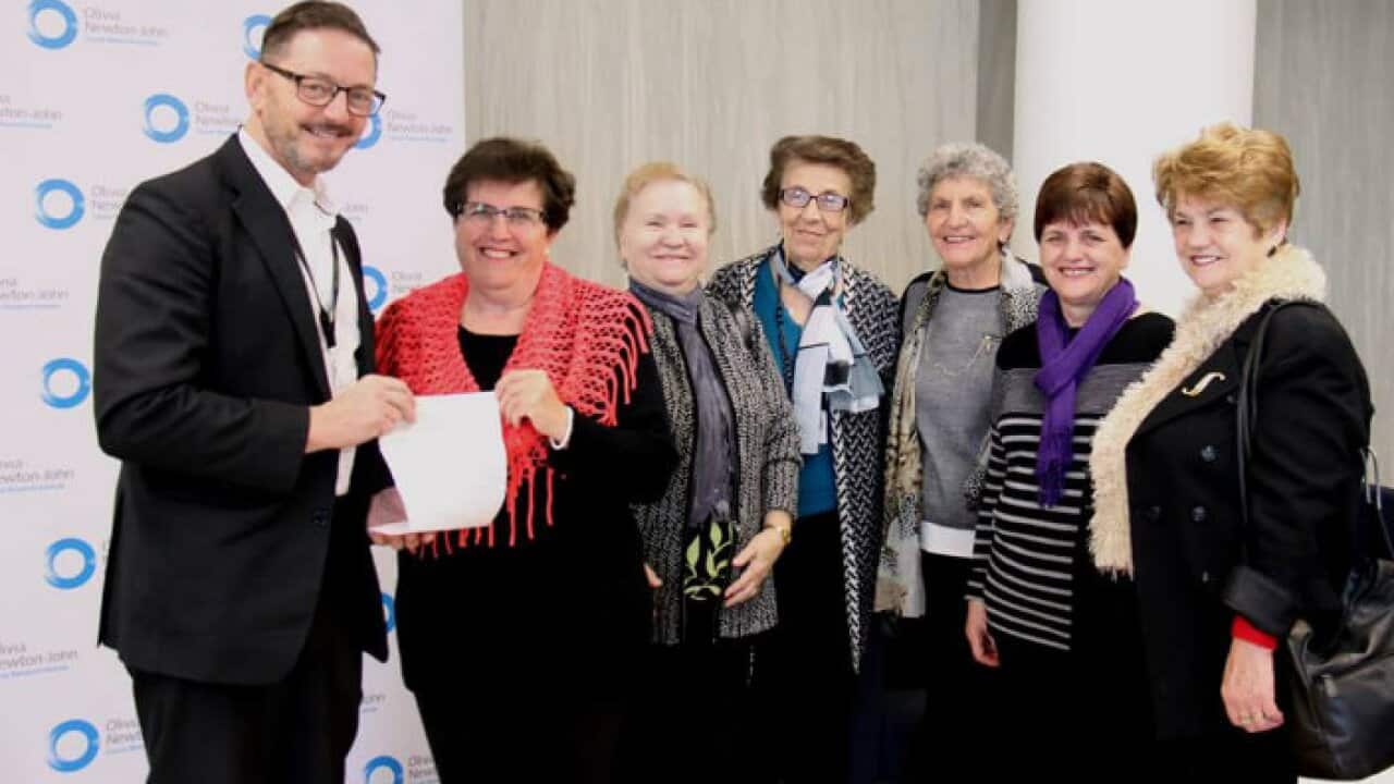 Members of macedonian pensioner group of Doncaster-Templestowe with Profesor Jonathan Cebon from Olivia Newton-John cancer reasearch institute