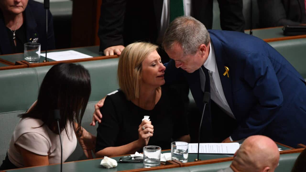 LOpposition Bill Shorten consoles Susan Lamb in Parliament, Canberra.