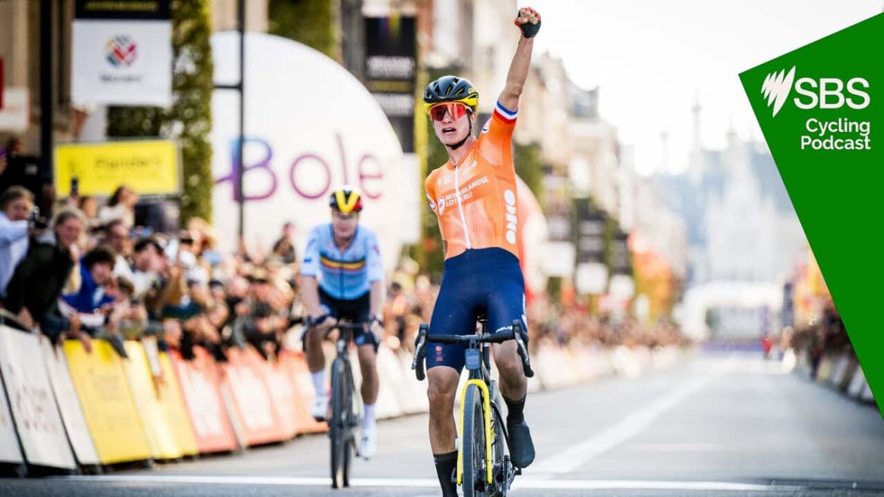 Dutch Marianne Vos celebrates as she crosses the finish line to win the women elite race at the UCI World Gravel Championships, in Leuven on October 5, 2024. (Photo by JASPER JACOBS / Belga / AFP) / Belgium OUT (Photo by JASPER JACOBS/Belga/AFP via Getty Images)