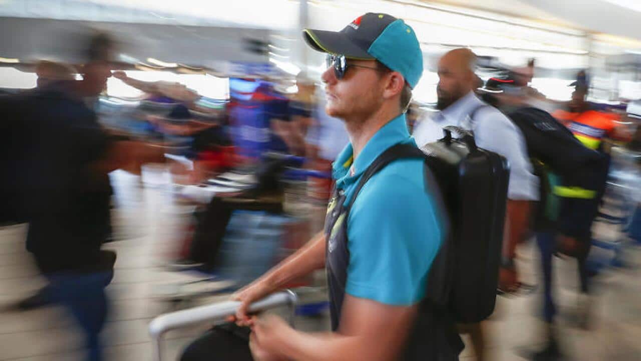 Australian cricket captain Steve Smith departs from Cape Town International airport, South Africa.