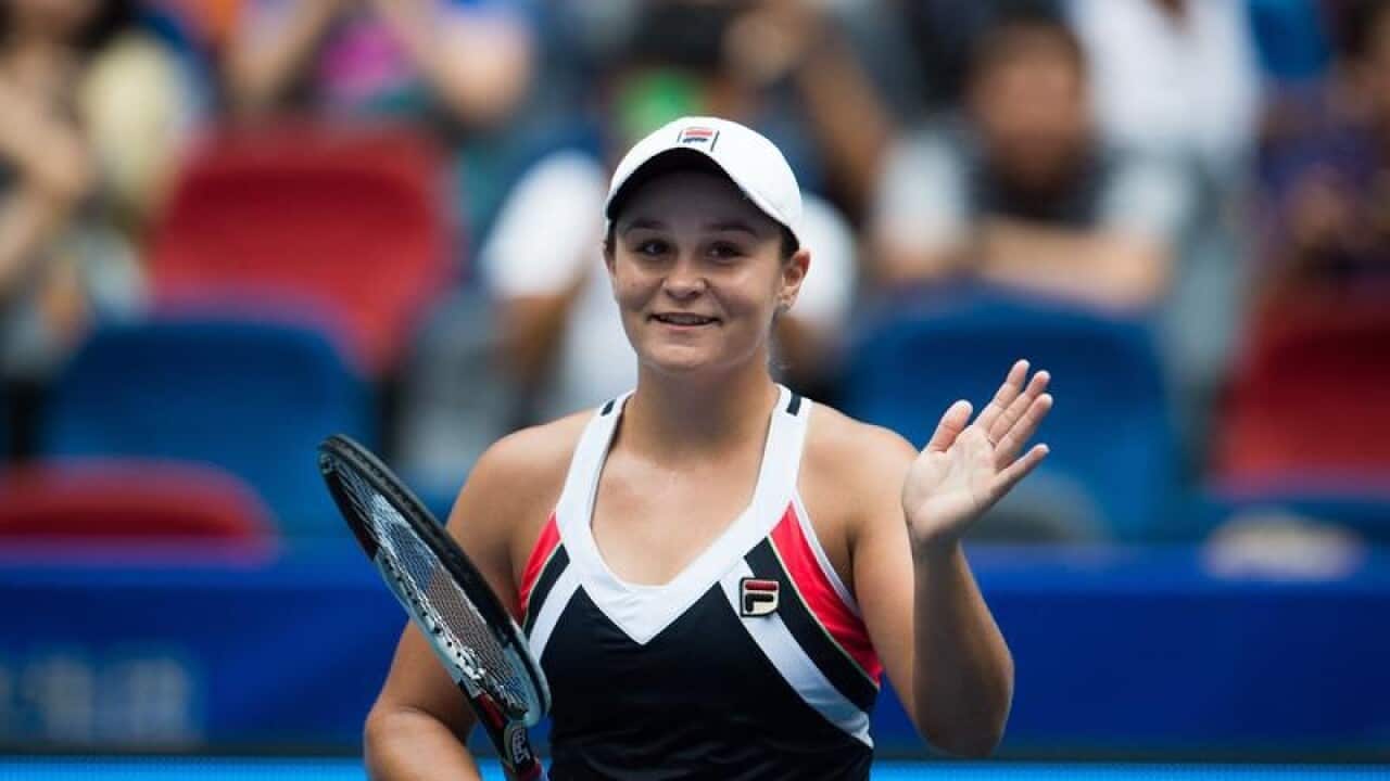 Ashleigh Barty of Australia reacts after scoring.
