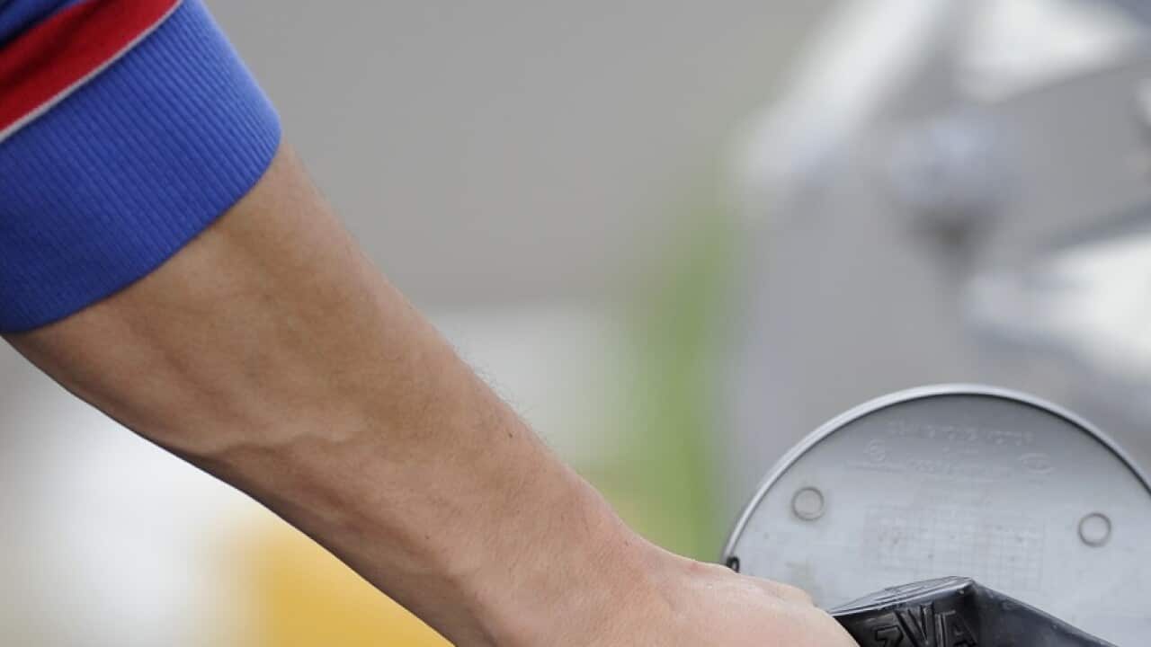 A man pumps petrol at a service station in Melbourne, Monday, Aug. 27, 2012. (AAP Image/Julian Smith) NO ARCHIVING