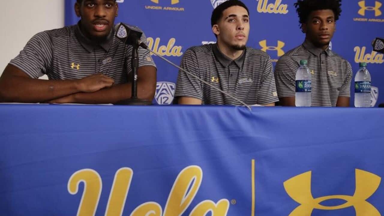 UCLA players Cody Riley, LiAngelo Ball and Jalen Hill.
