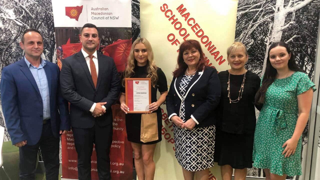 Viktoria Gosarevska receiving AMC Certificate in honour of her achievement and the First Place in Macedonian Continuers in the NSW HSC