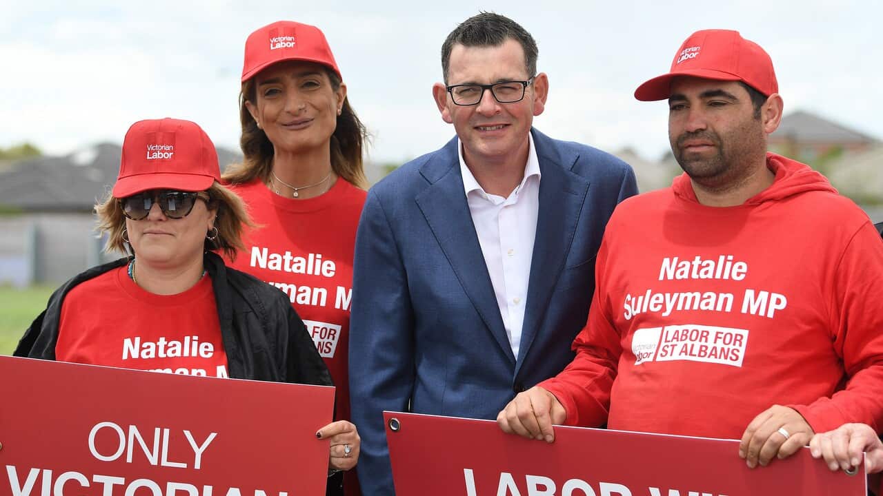 Victorian Premier Daniel Andrews with Labor party supporters at Deer Park train station in Melbourne.