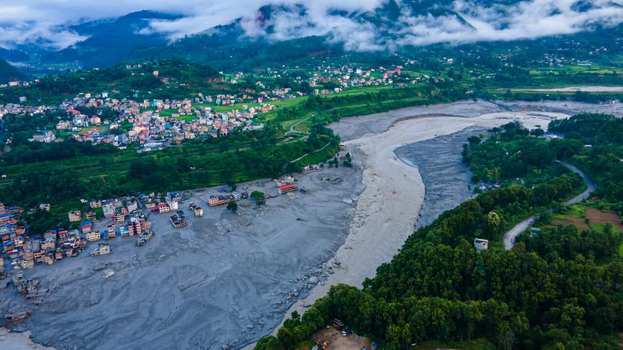 Aerial View Shows Flood Devastation Along Bhotekoshi River in Nuwakot Nepal