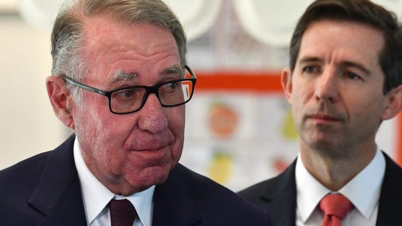 Businessman David Gonski and Minister for Education Simon Birmingham.