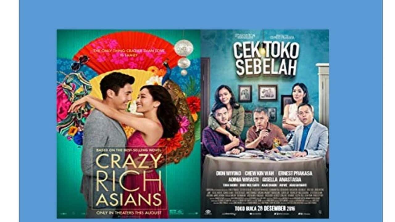 Flyers film “Cek Tok Sebelah” which was written and directed by Ernest Prakasa and film “Crazy Rich Asians” which was adapted from a novel with the same title.