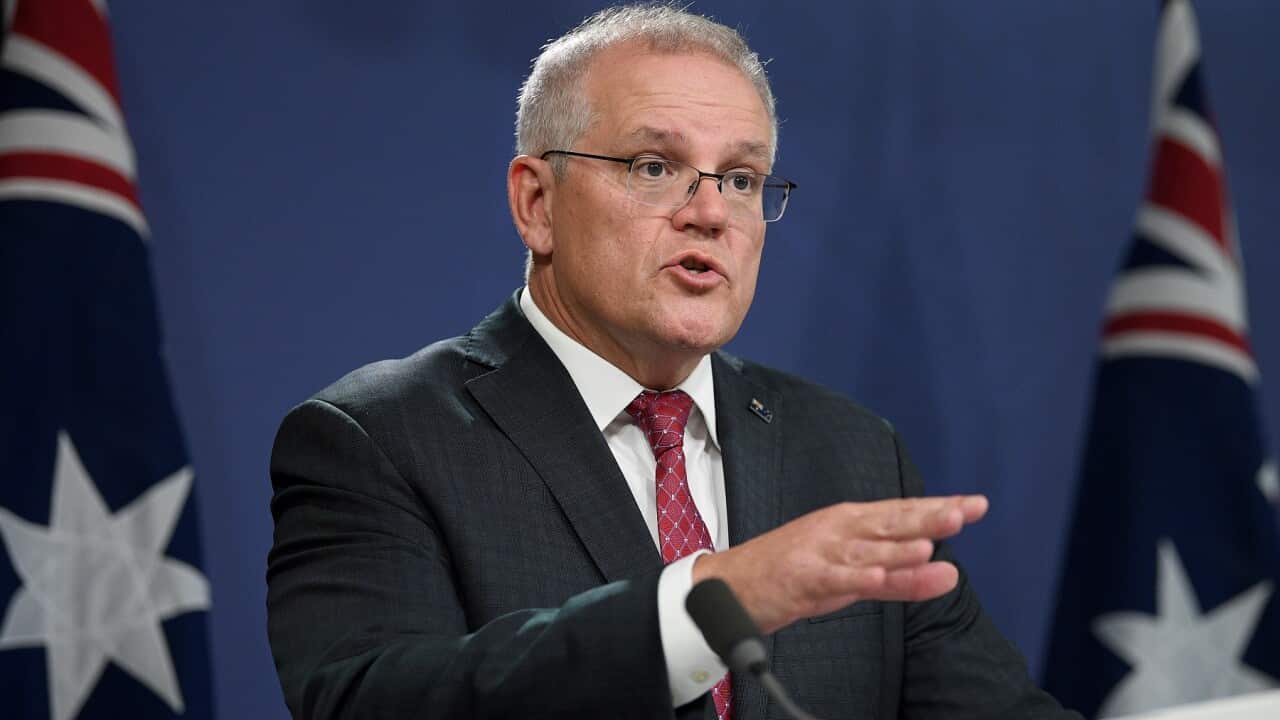 Prime Minister Scott Morrison addresses media during a press conference in Sydney, Tuesday, April 27, 2021. (AAP Image/Dan Himbrechts) NO ARCHIVING