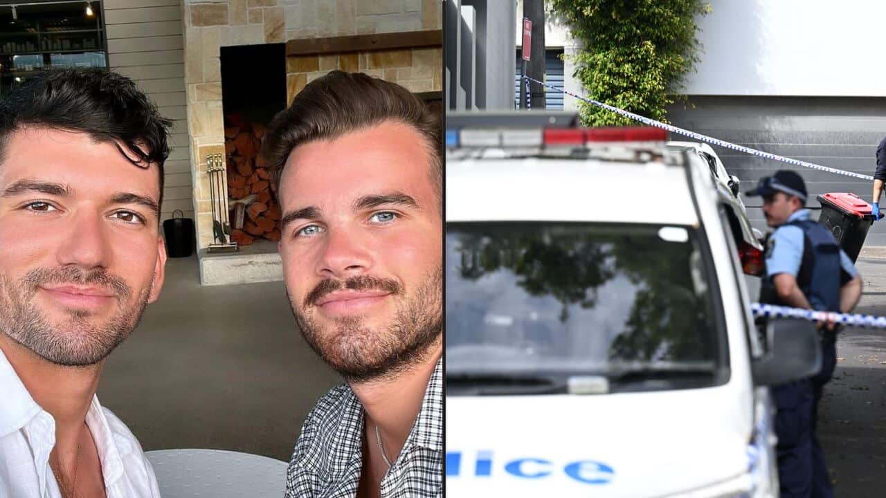 A composite image showing two men posing for a photo on the left and a police car and a policeman on the right.