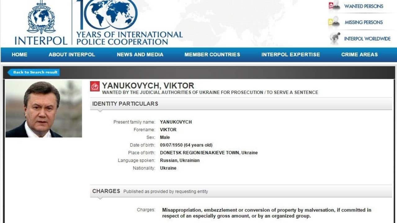 A screenshot from Interpol's website listing former Ukranian President Viktor Yanukovych.