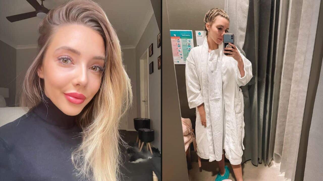 Composite image of a young woman taking a selfie and the woman in a hospital gown.