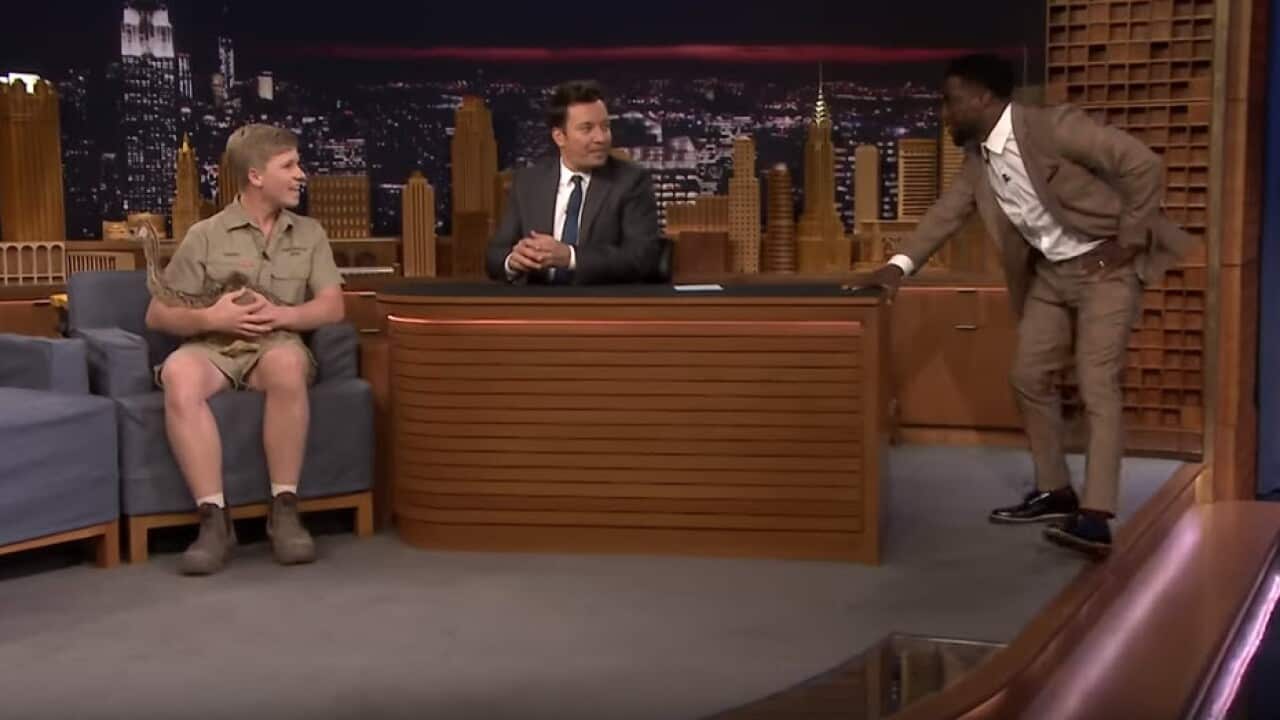 Robert Irwin (pictured left), Jimmy Fallon (pictured centre) and Kevin Hart (pictured right).