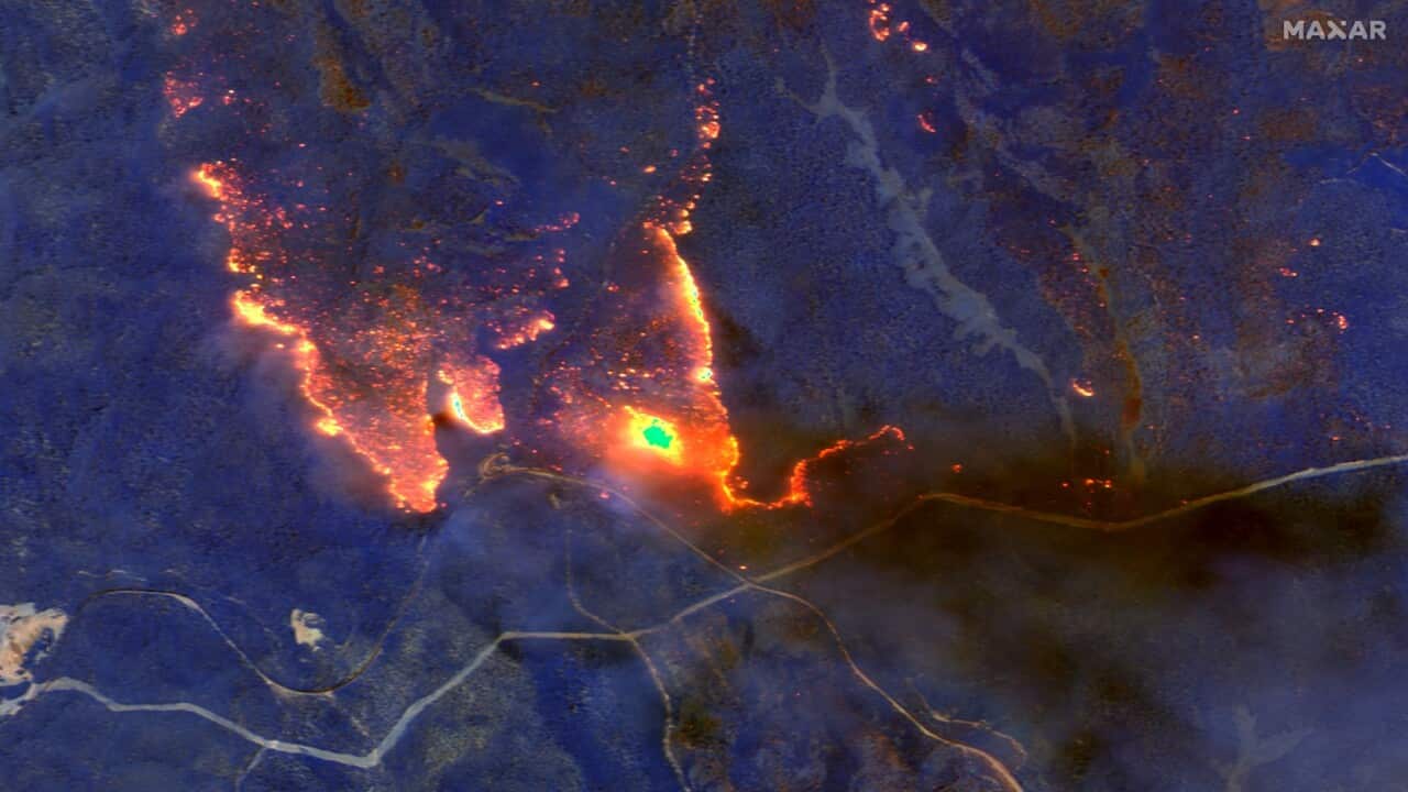 A satellite photo shows wildfires east of Orbost, Australia