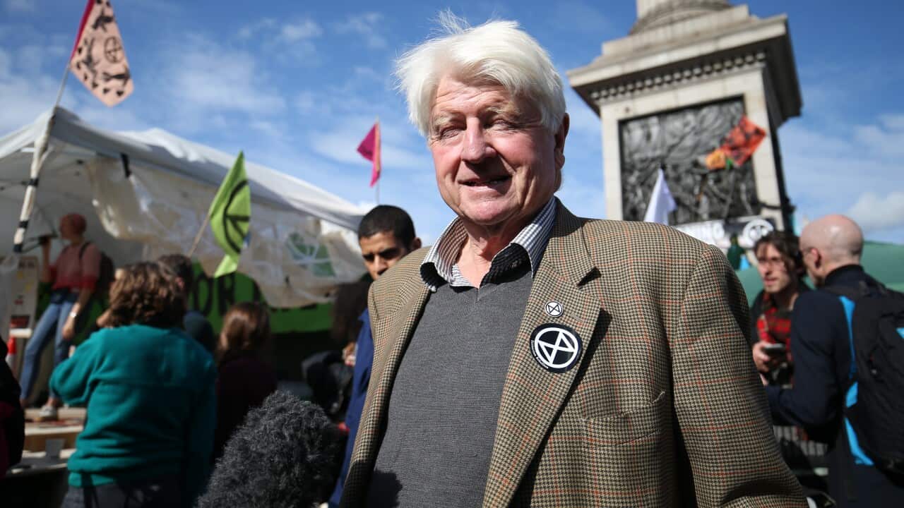 Stanley Johnson joins protesters in Trafalgar Square during the third day of an Extinction Rebellion (XR) demonstration at Westminster.