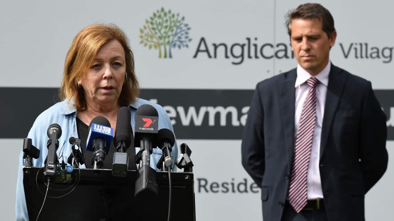 Mary Watson who has family living at Anglicare's Newmarch House, with NSW Shadow Minister for Health Ryan Park, outside the agedcare home in Kingswood.