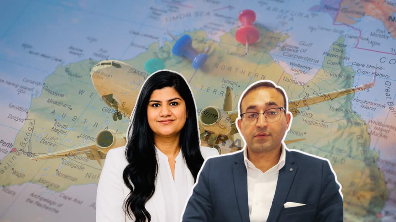 migration agents gini kocher and navneet singh shown in front of a map of Australia with airplane graphics and location pins, suggesting a discussion about immigration to and across Australia.