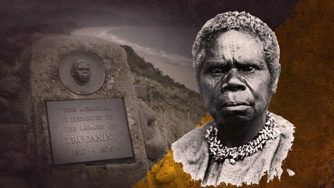 A composite image of a photo of truganini wearing traditional mariner shell necklace and the memorial to her at bruny island