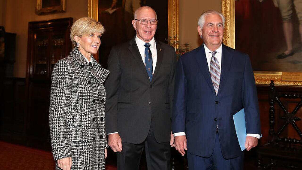 US Secretary of State Rex Tillerson and Australian Minister for Foreign Affairs Julie Bishop are greeted by Governor of NSW David Hurley