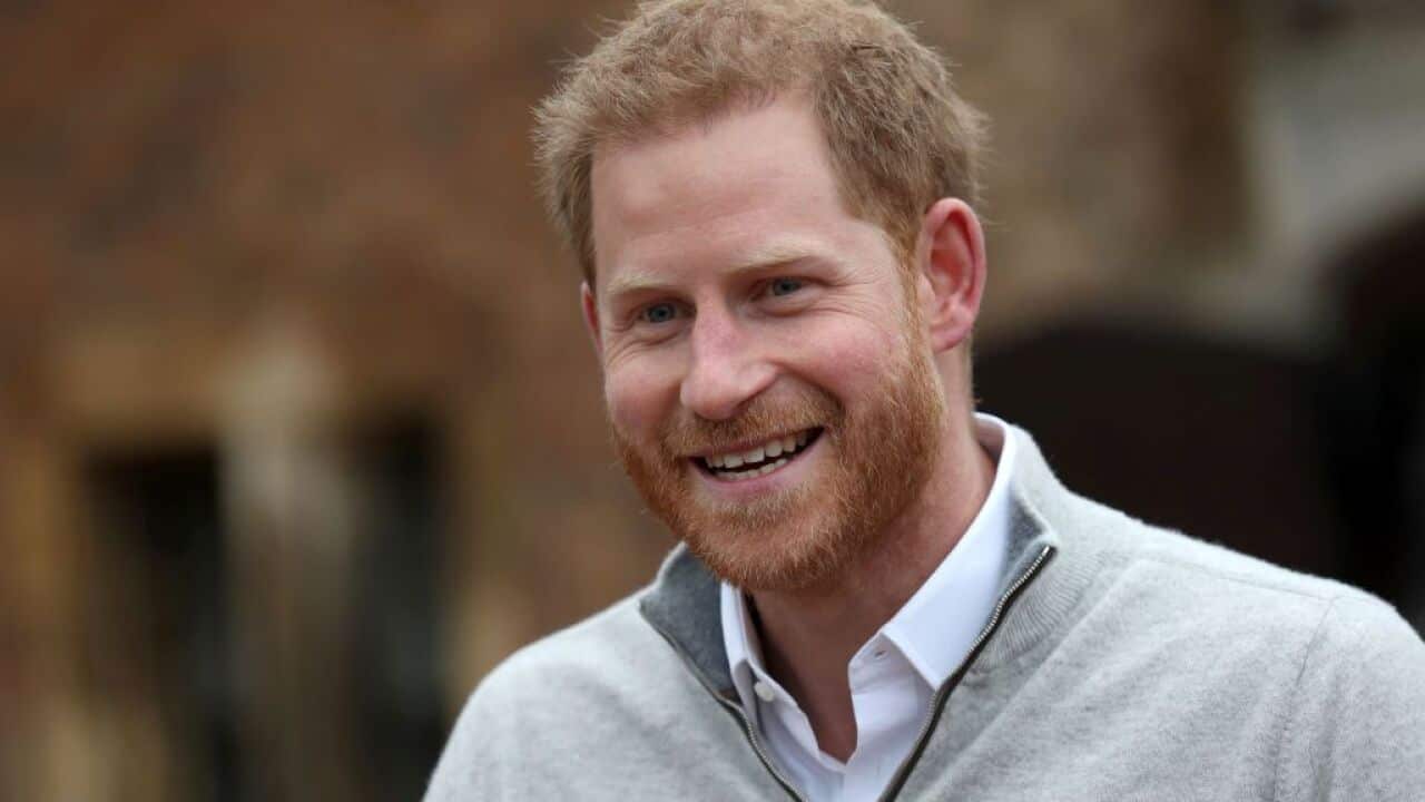 Prince Harry, Duke of Sussex, speaks to the media at Windsor Castle, following the announcement that his wife, Meghan, had given birth to a son.