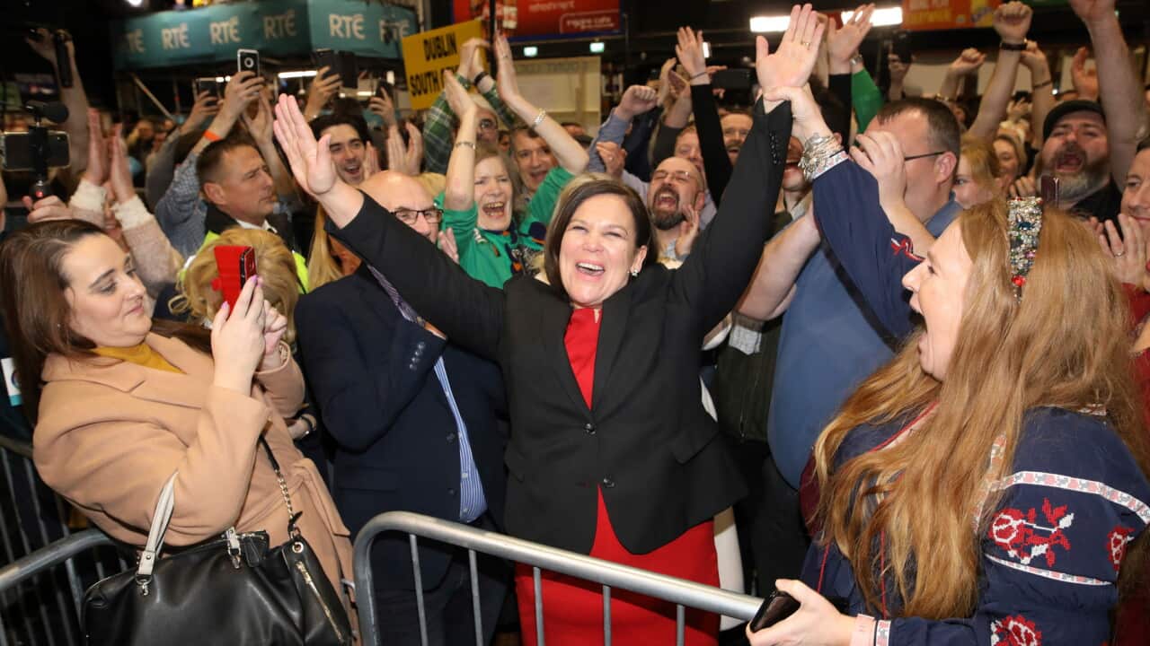 Sinn Fein leader Mary Lou McDonald celebrates with supporters