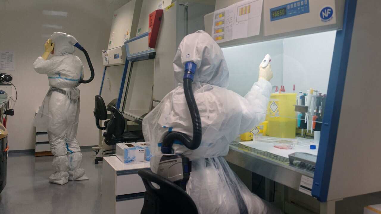 Scientists at work in high-level P3 biosafety security laboratory at the Pasteur Institute of Lille, on February 20, 2020 in Lille, France.