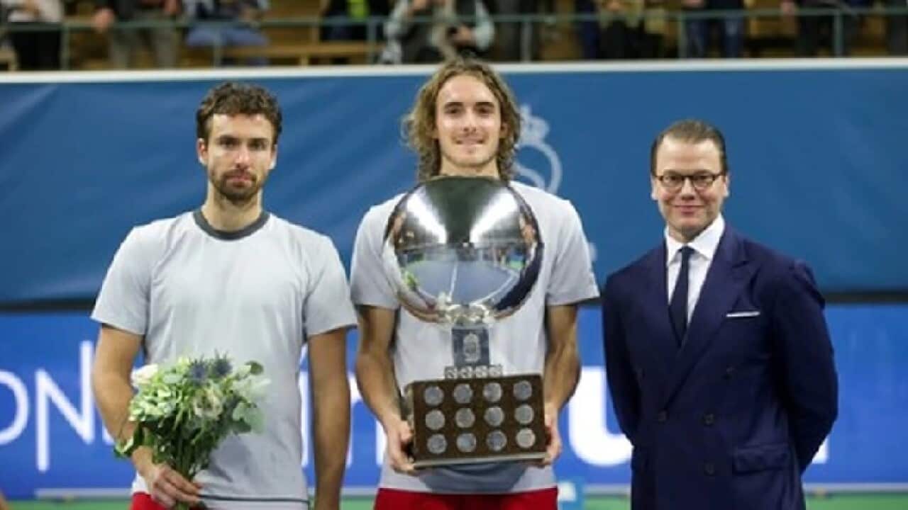 Greece's Stefanos Tsitsipas (c) has claimed his first ATP title at the Stockholm Open