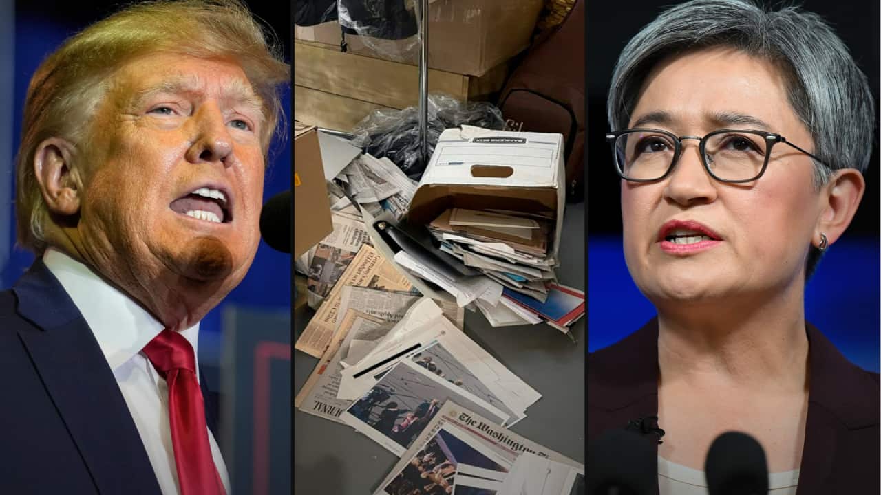 A composite image featuring Donald Trump, Penny Wong, and boxes of secret documents allegedly found at Mr Trump's resort.