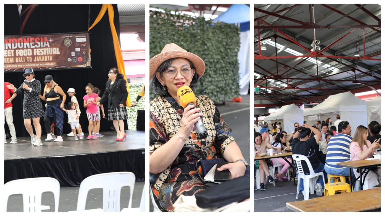 Dyah Bazerghi (Middle picture) at the ICAV Indonesian Street Food Festival: From Bali to Jakarta at the QV Market, Melbourne 17 Mar 2024 – (SBS Indonesian).