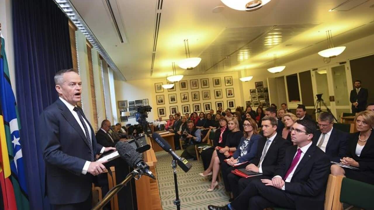 Opposition leader Bill Shorten speaks during a Labor caucus meeting.
