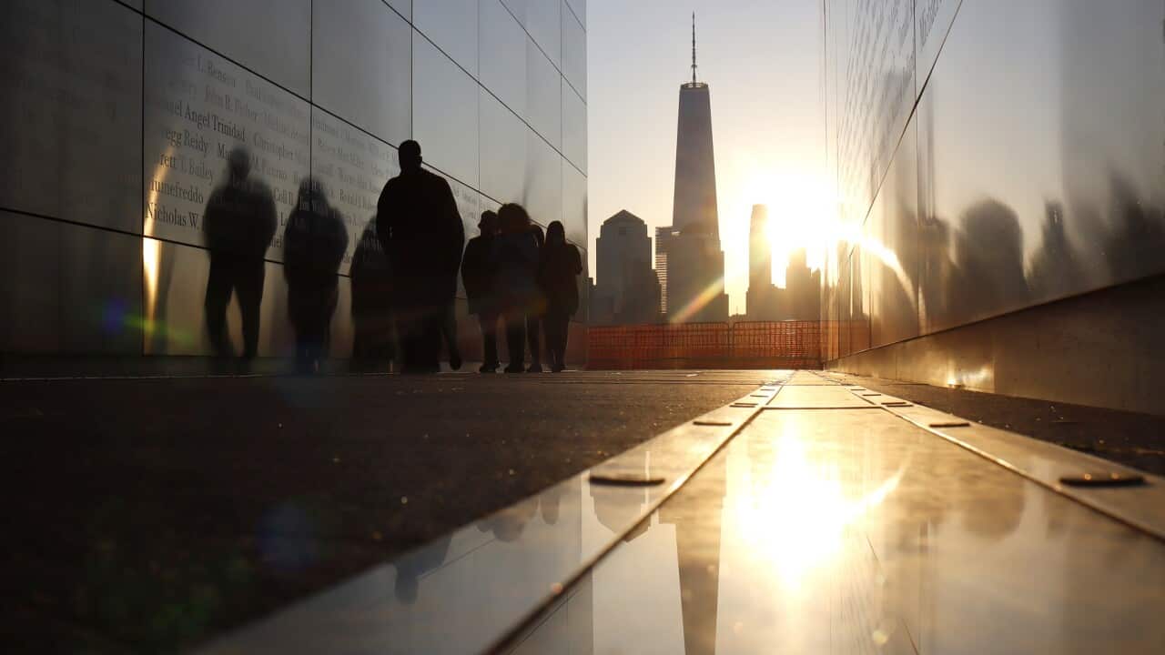 Lower Manhattan and One World Trade Center in New York from the Empty Sky 9-11 Memorial in Jersey City, New Jersey