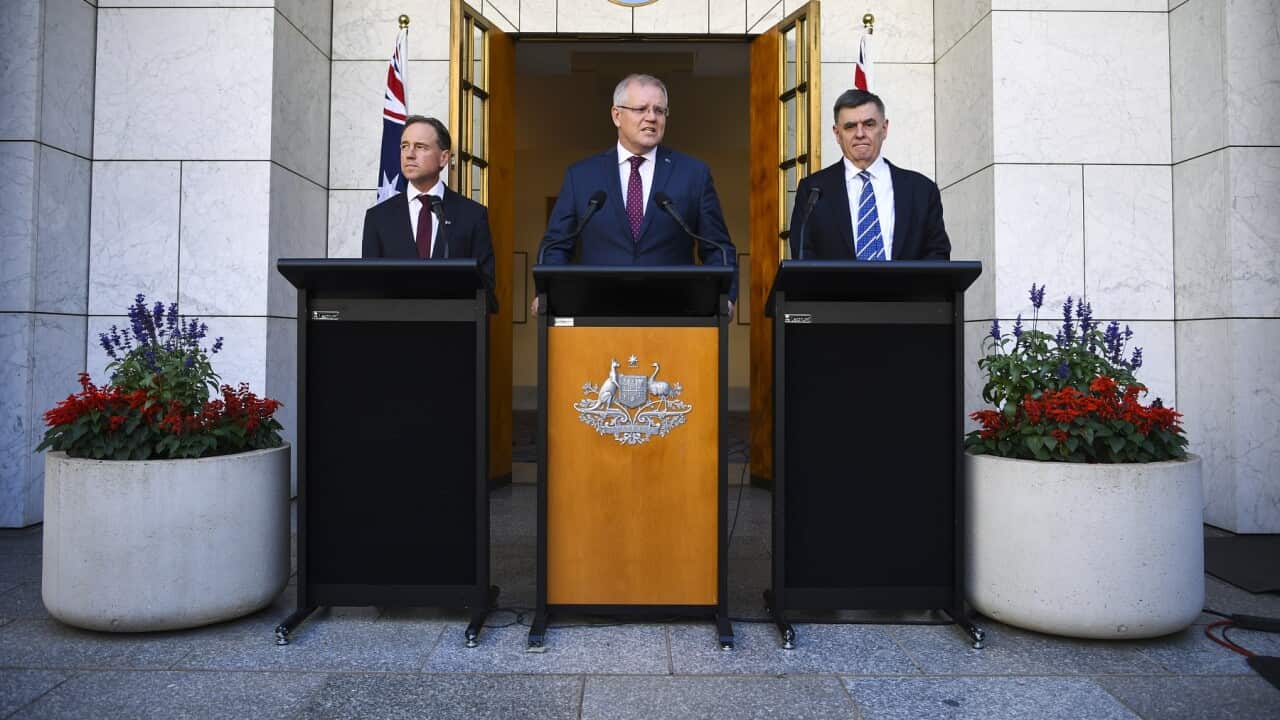 (L-R) Health Minister Greg Hunt, Prime Minister Scott Morrison and Chief Medical Officer Professor Brendan Murphy