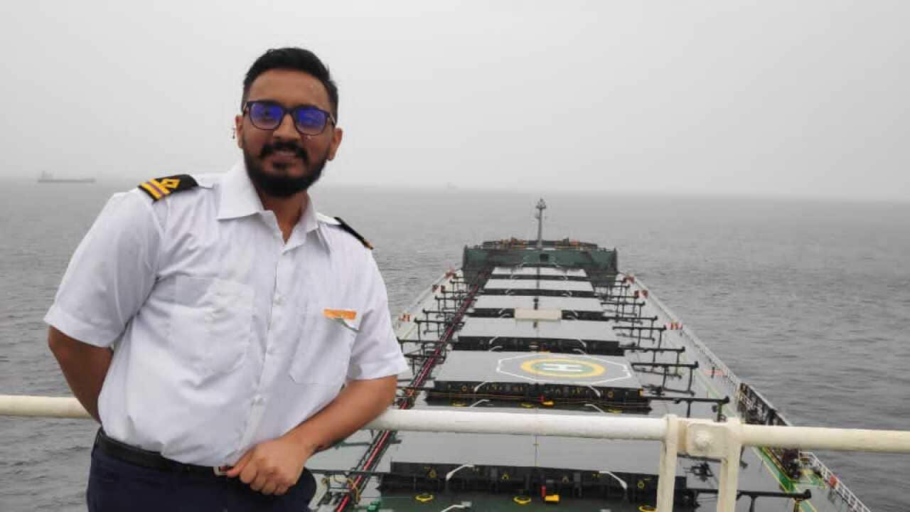 Virendrsingh Bhosale aboard his vessel, which is stranded off a Chinese port.