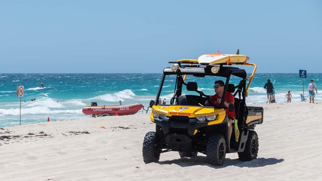 A Surf Life Saving patrol vehicle at Scarborough Beach in Perth