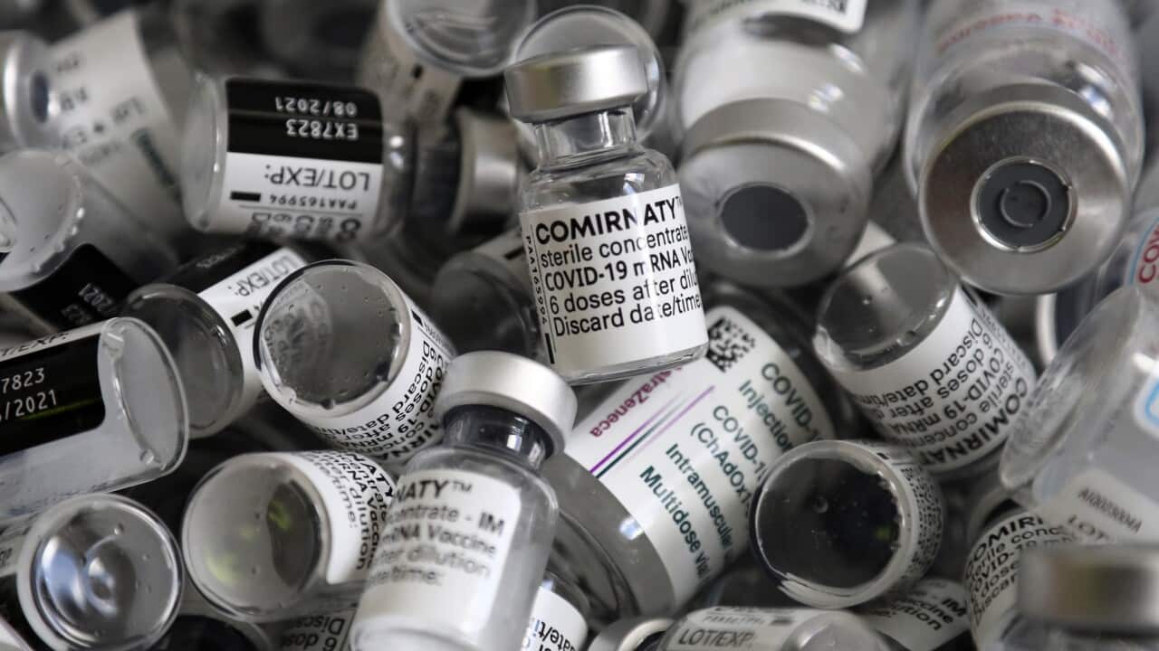 Empty vials of the Pfizer COVID-19 vaccine