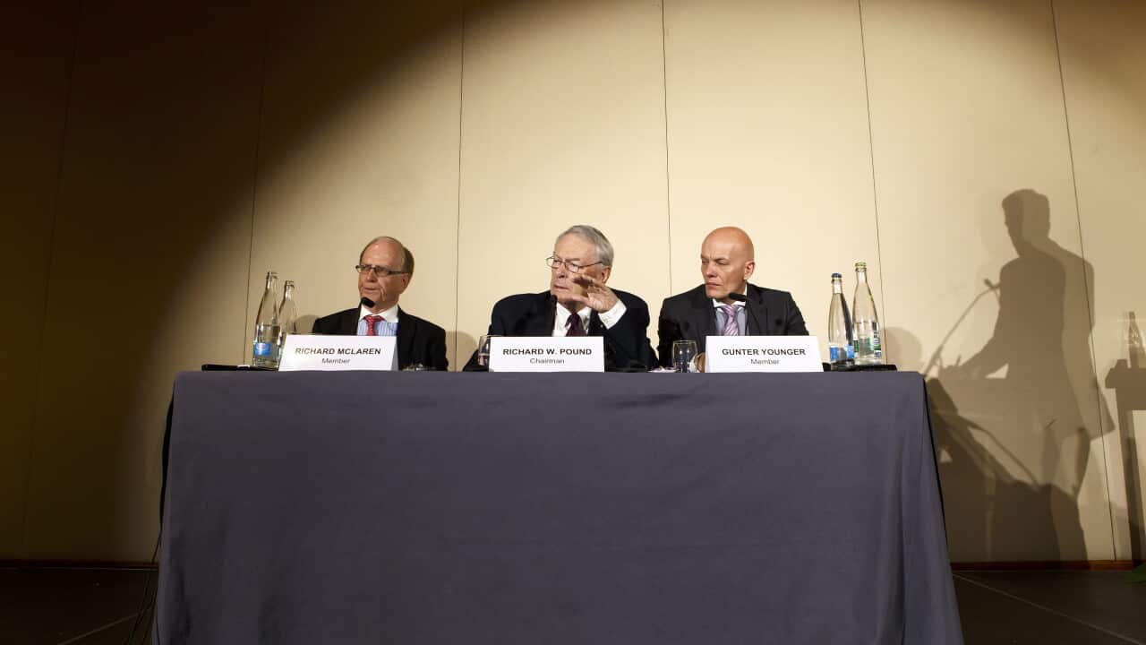 WADA officials (L-R) Richard McLaren, Richard Pound and Gunter Younger, presenting the findings of a report into doping in sport EPA/SALVATORE DI NOLFI
