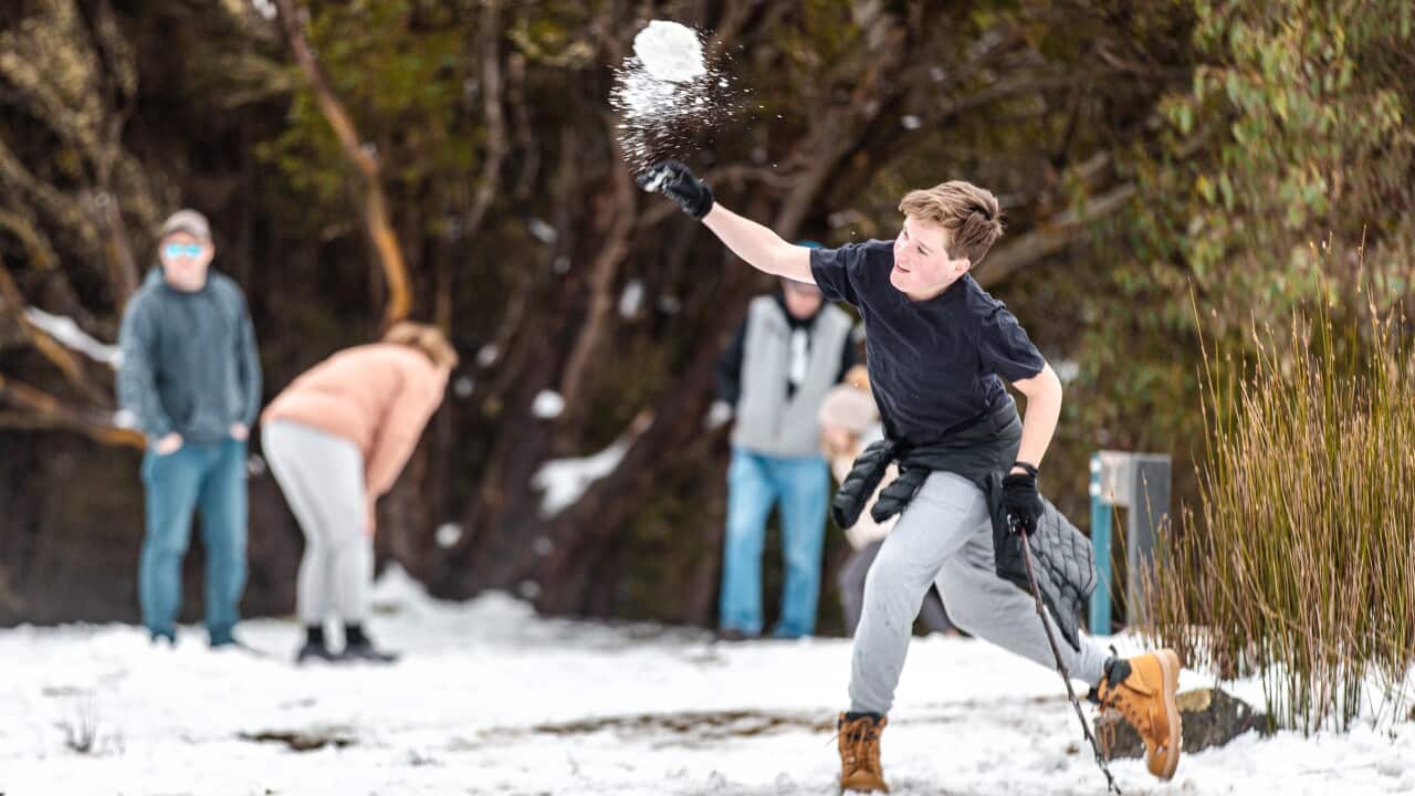 People are seen playing in the snow at Mount Wellington in Hobart.