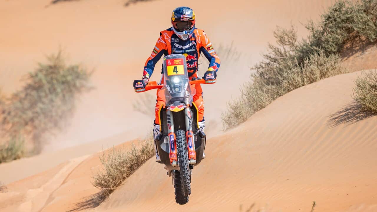 Daniel Sanders of Red Bull KTM Factory Racing navigates the dunes during a stage at the 2025 Dakar Rally.jpg
